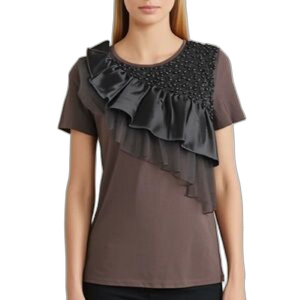 Twelve By Twelve x Anthropologie Brown Embellished Tee Shirt Size Medium
